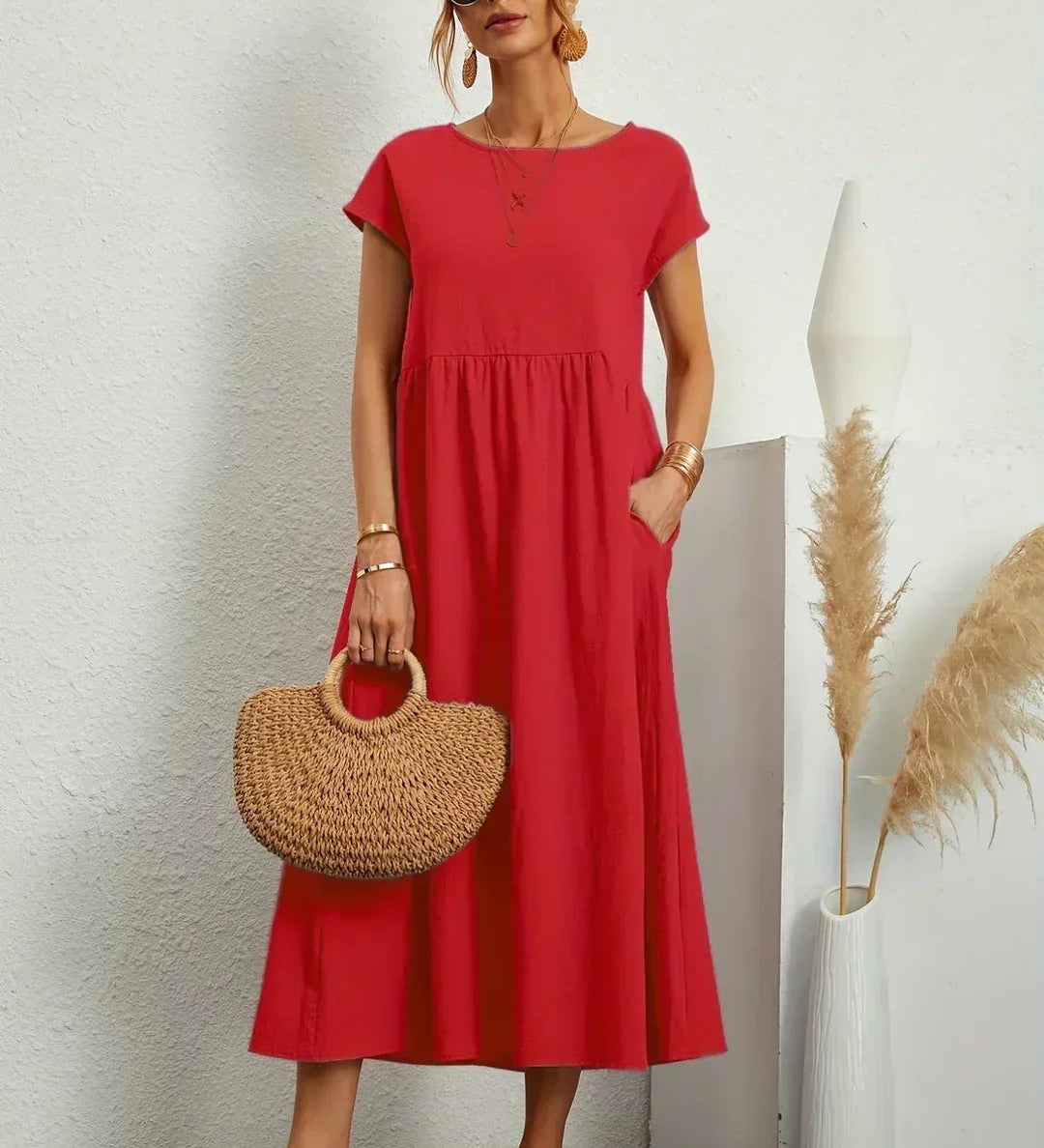 Adéla – Volné midi šaty s kapsami pro každodenní eleganci