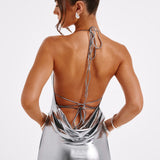 Alina™ – Metalické maxi šaty s různými zády v metalické barvě